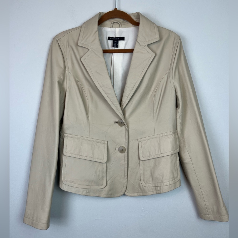 Kenneth Cole Y2K Genuine Leather Short Crinkle Beige Jacket Size 8